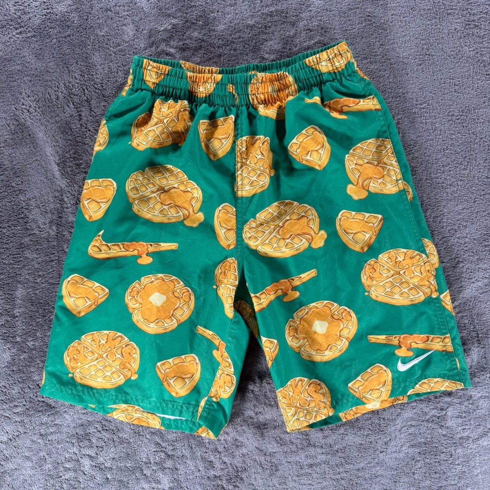 Nike Swim Trunks 7" Kids Large Green Waffle Syrup Print Board Shorts NESS9725